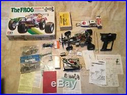 Vintage 1980s Tamiya Frog R/C Off Road Racer, Box, batteries, futaba controller